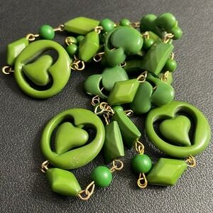 Vintage Heart Necklace Acrylic Avocado Green Bead Retro 24" Long Valentines